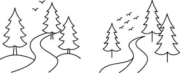 Simple Line Art of Trees and Winding Path