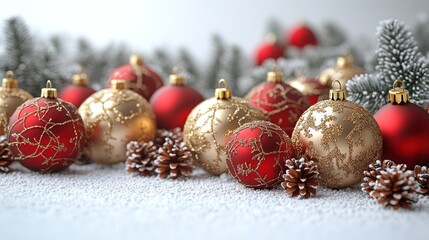 Festive Christmas ornaments and pinecones on a snowy surface.