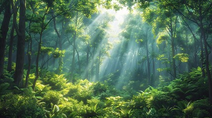 Fototapeta premium Environmental conservation concept, depicting a lush green forest with sunlight filtering through the trees, illustrating the importance of preserving habitats for biodiversity. Realistic photo. High