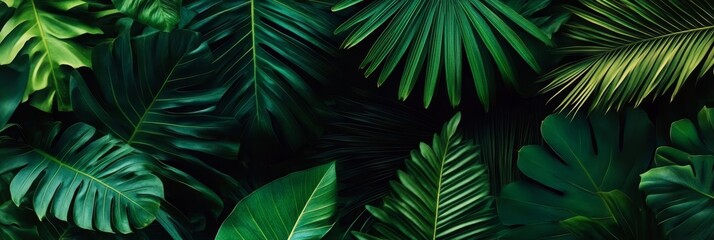 Tropical jungle foliage pattern, lush exotic plant leaf texture background, dark green nature banner