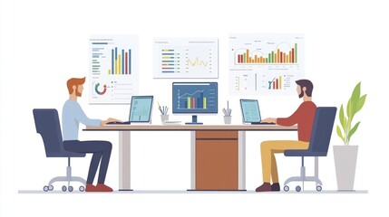 Two businessmen are working at their laptops and looking at computer monitor with business charts and graphs on a white background.