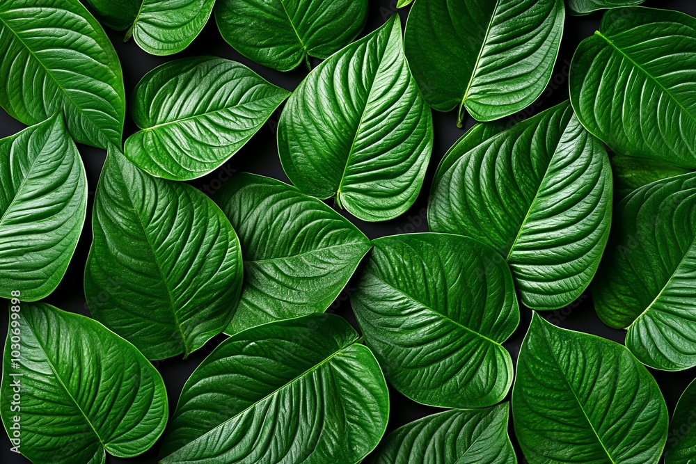 Poster a vibrant arrangement of lush green leaves on a dark background showcasing their intricate textures 