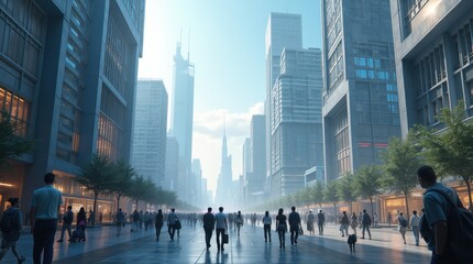 A vibrant city where humans and AI coexist harmoniously, showcasing a perfect blend of nature and technology.