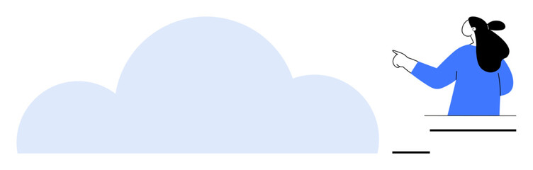Person wearing a blue jacket pointing toward a large cloud shape. Ideal for technology, data storage, cloud computing, internet services, digital innovation. Simple flat design style