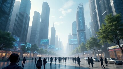 Obraz premium A vibrant city where humans and AI coexist harmoniously, showcasing a perfect blend of nature and technology.