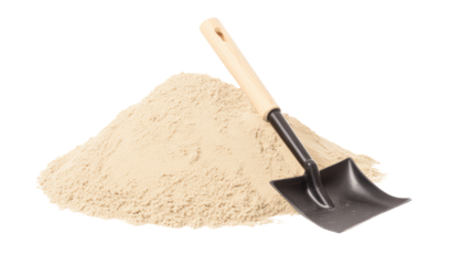 A pile of sand with a black shovel resting on it, isolated on a white background. Ideal for construction, landscaping, or gardening themes.