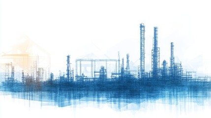 Naklejka premium Industrial Landscape, Refinery Plant, Abstract Industry Background, Blue Toned, Watercolor Style