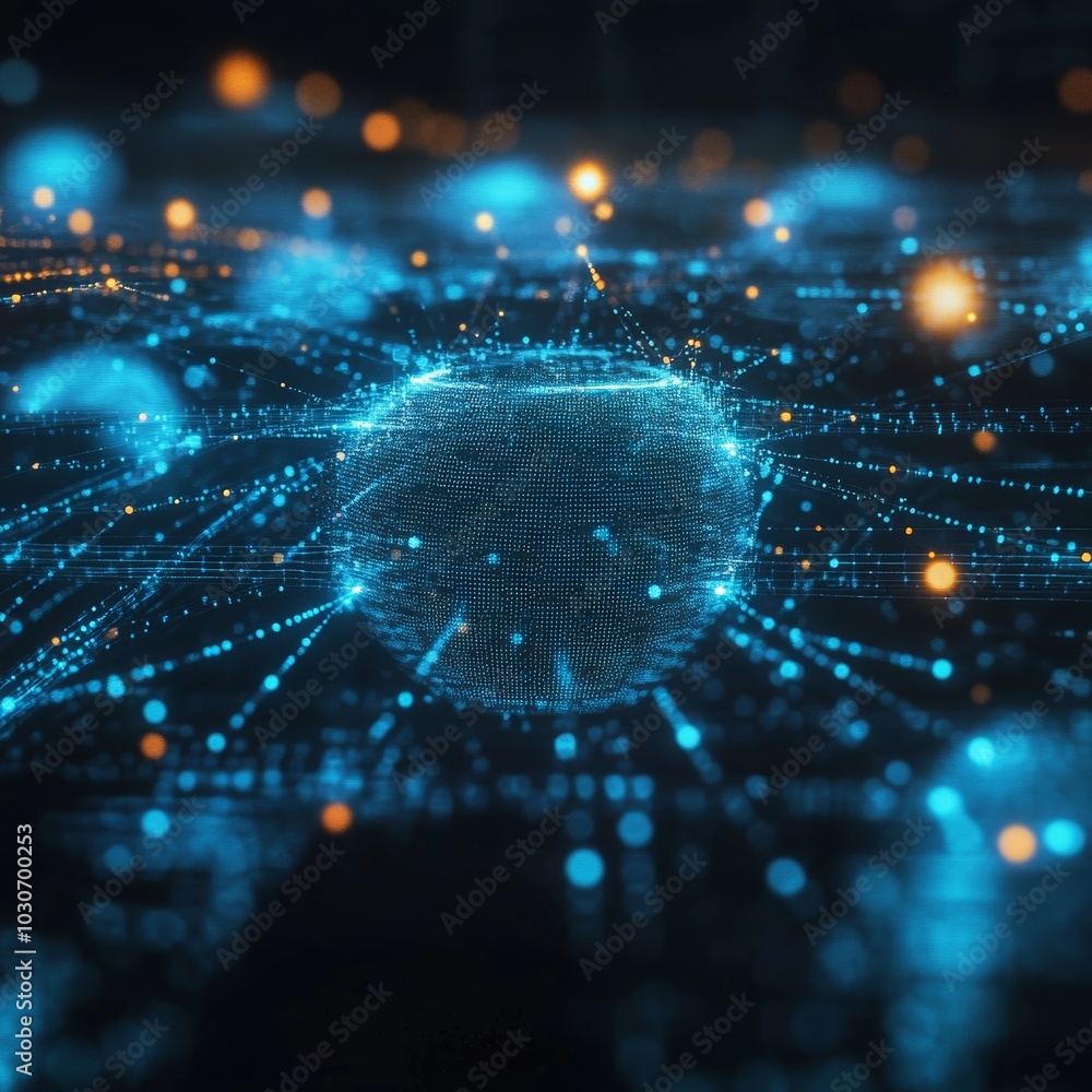 Poster abstract network connection, digital cyberspace with particles, technology background.