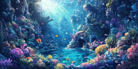 Naklejka premium Vibrant coral reef with colorful fish.