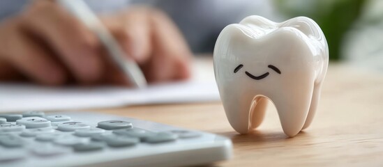 A white ceramic tooth with a smiling face sits on a table with a calculator in the foreground and a hand writing on a paper in the background.
