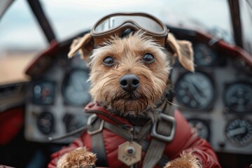 The small dog, outfitted in a pilot's jacket and goggles, looks curiously at the cockpit's dials and controls, ready for an imagined flight in the cloudy sky