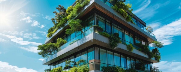 Obraz premium Architecture image with a modern glass building with a lot of green plants trees MONA