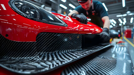 Close-up of a technician working on a red sports car's bodywork.