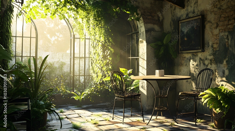 Poster 146. an empty sunlit nook with a simple table and chairs