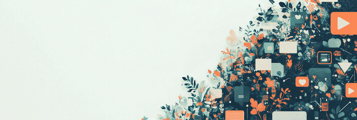 Digital Media and Social Icons with Foliage Border 