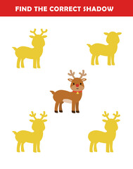 Christmas activity sheet. Find the correct shadow of the cute reindeer illustration. Educational logic game for children. Printable worksheet.