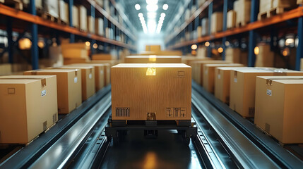 Warehouse with conveyor belts transporting cardboard boxes.