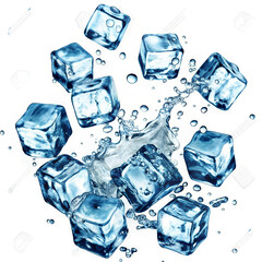 Obraz premium Floating ice cubes with a water splash, isolated against a white background