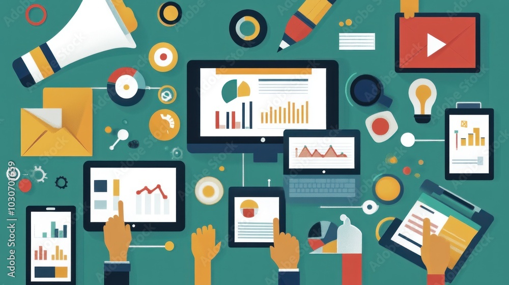 Poster a flat design illustration of a team of hands using various devices like tablets, computers, and a p