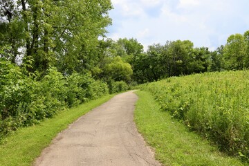 The empty pathway in the park on a sunny day.