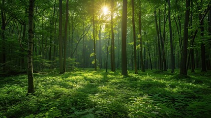 A lush green forest with sunlight filtering through the trees, illustrating the significance of environmental conservation and the preservation of natural habitats for biodiversity. Realistic photo.