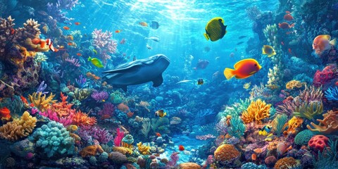 Naklejka premium Colorful coral reef with fish and a ray.