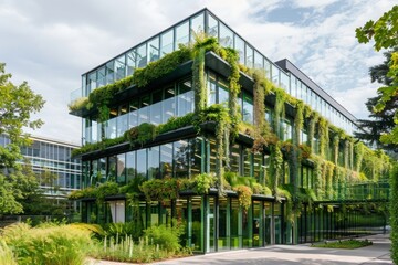 Architecture image with a modern glass building with a lot of green plants trees MONA