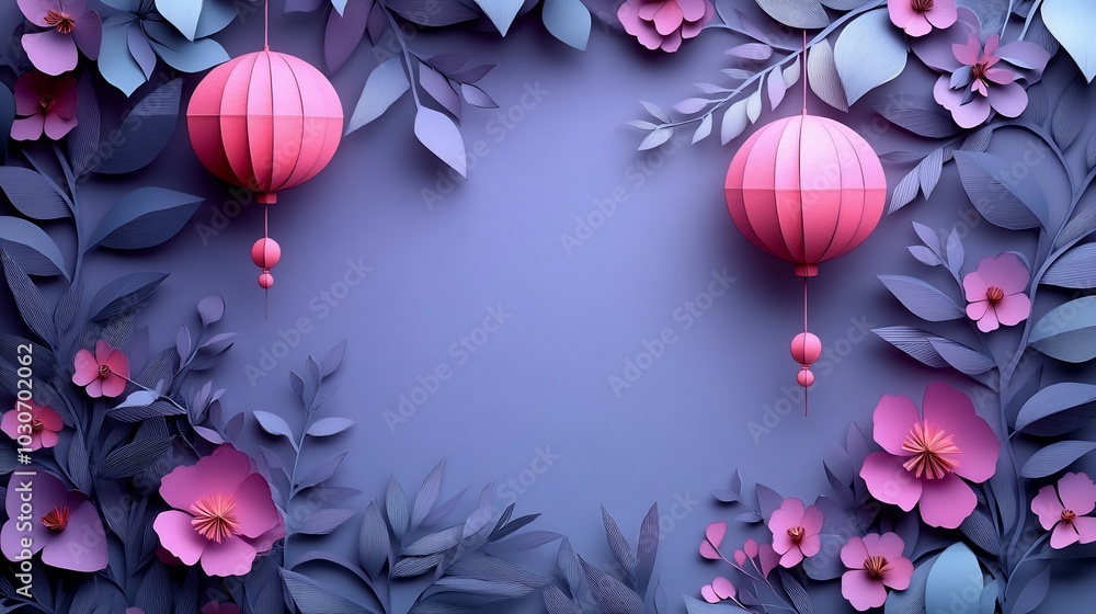 Poster simple yet elegant paper cut design with geometric lanterns hanging from thin strings surrounded by 