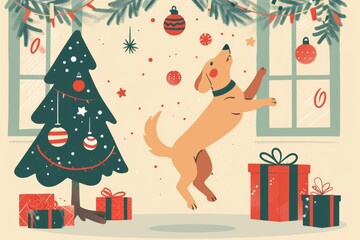 Obraz premium Festive dog jumping near christmas tree