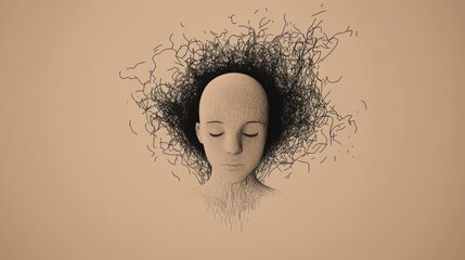 World Mental Health Day background concept, with bald woman's head covered with black chaotic thread, gloomy illustration 
