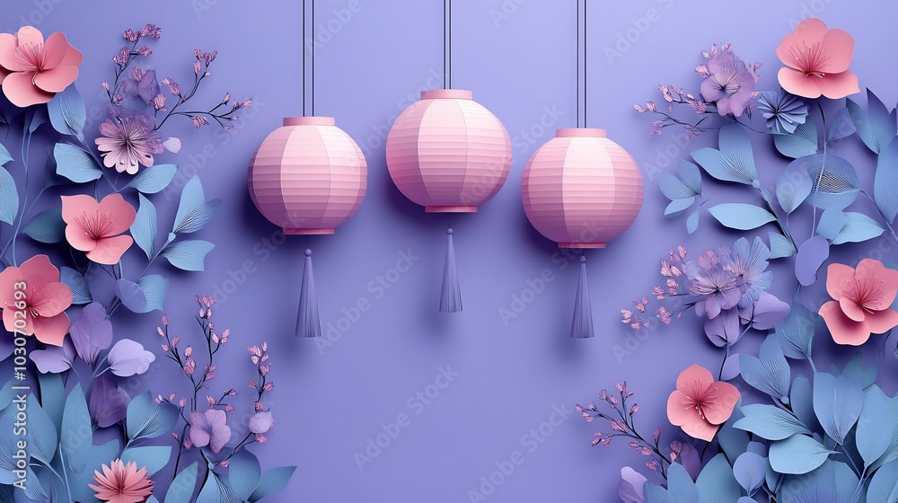Poster simple yet elegant paper cut design with geometric lanterns hanging from thin strings surrounded by 
