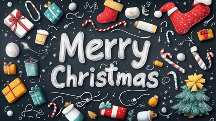 Festive Christmas decorations and typography on chalkboard