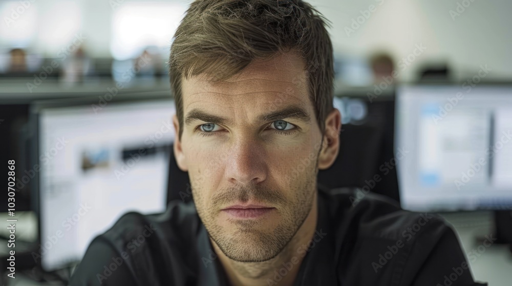 Poster a close-up portrait of a man with serious expression in an office setting
