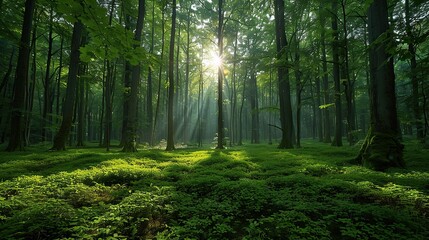 Obraz premium A lush green forest with sunlight filtering through the trees, illustrating the importance of environmental conservation and preserving habitats for biodiversity. Realistic photo. High resolution