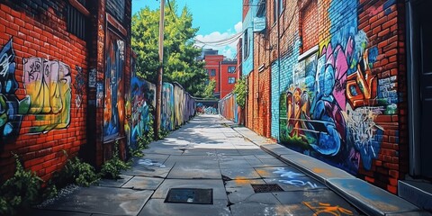 Fototapeta premium A narrow alleyway with colorful graffiti.