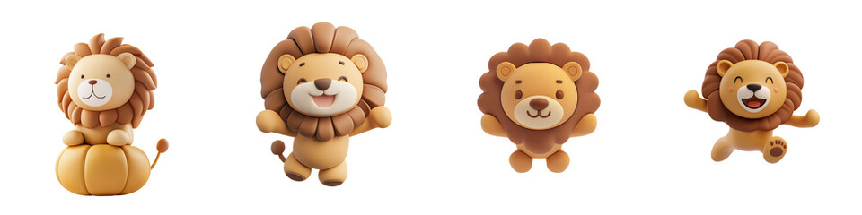 PNG 3d icons Cute lion characters with playful expressions and vibrant colors on transparent, white background, isolate