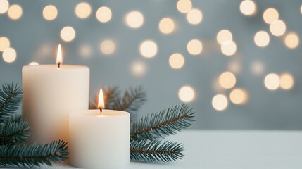 Two white candles with glowing flames surrounded by green pine branches and a bokeh background.