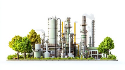 Modern industrial plant with tall chimneys and lush green trees, showcasing a blend of technology and nature on a white background.