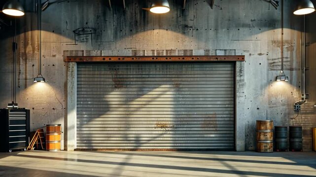 A closed metal garage door casts shadows in an empty industrial space