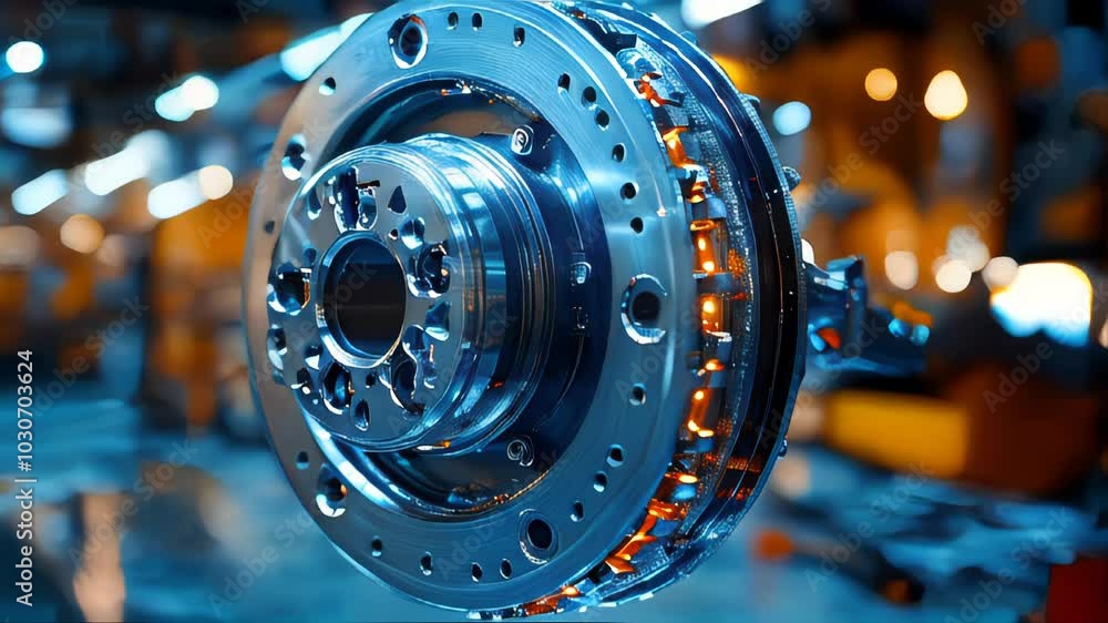 Poster detailed view of a high-performance disc brake system with glowing elements, emphasizing its precisi