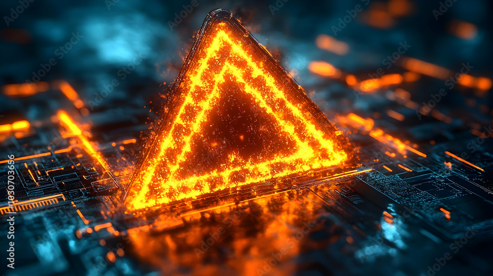 Poster a glowing triangular symbol on a futuristic circuit background.
