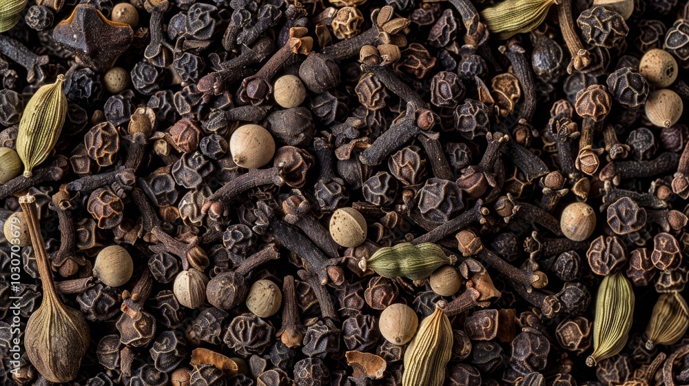 Poster an upclose view of crushed black peppercorns intermixed with whole cloves and cardamom pods. the con