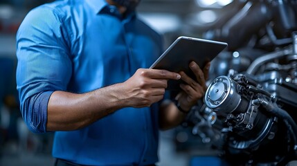 Technician holding a tablet and analyzing data for a diesel engine in an industrial workshop surrounded by truck components and machinery