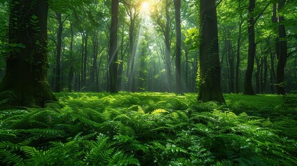 Lush green forest with sunlight filtering through the trees, capturing the essence of environmental conservation and the importance of preserving habitats for biodiversity. Realistic photo. High