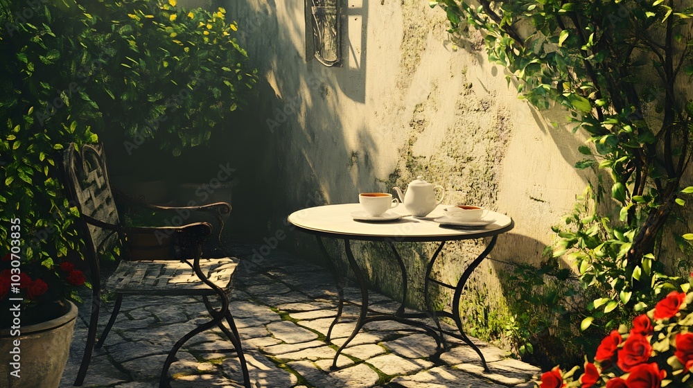 Poster 141. a simple patio with an empty table set for tea