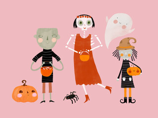 Lovely Skeleton Lady, Little Witch, Ghost, Funny Spider, Pumpkin and Zombie Boy on a Pink Background. Cute Hand Drawn Halloween Card. Trick or Treat. Funny Animals and Kids in Halloween Costumes.