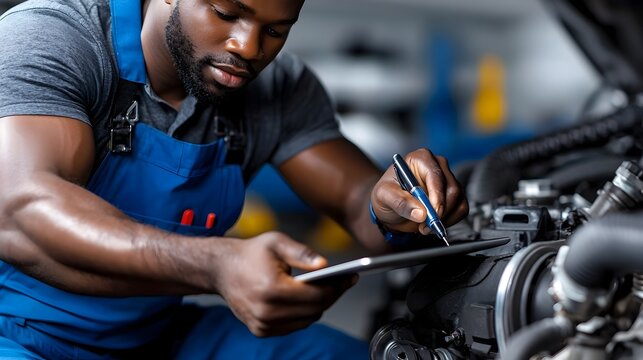 Mechanic using advanced tablet technology to troubleshoot and analyze the performance of a truck s diesel engine in a modern high tech auto repair shop setting