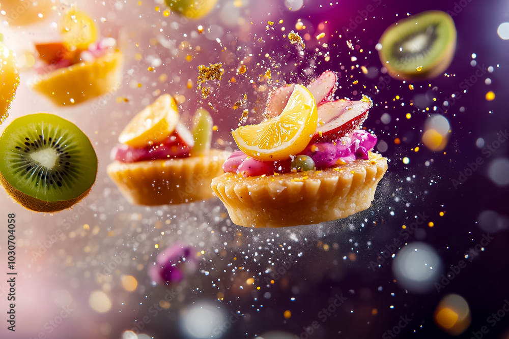 Poster small lemon tarts are elegantly showcased with an array of colorful toppings, creating a delightful 