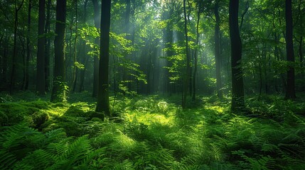 Fototapeta premium Environmental conservation concept, a lush green forest with sunlight filtering through the trees, showcasing the critical need to preserve natural habitats for biodiversity. Realistic photo. High