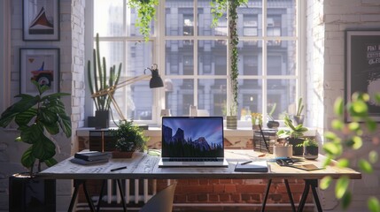 Fototapeta premium Laptop on a Wooden Desk with Green Plants